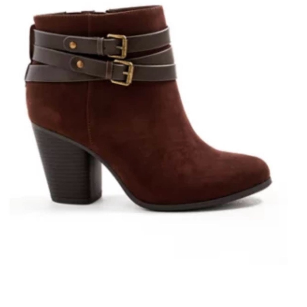 torrid dark brown Suede Ankle Booties with Brown Strap Detail